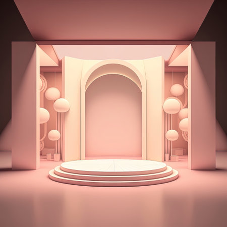 Studio interior with a podium for displaying products with elements of vegetation and decorations. AI generative.の素材