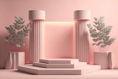 Studio interior with a podium for displaying products with elements of vegetation and decorations. AI generative.の素材