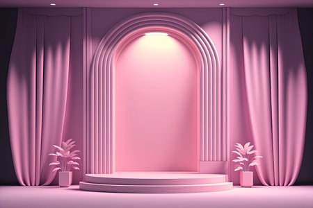 Studio interior with a podium for displaying products with elements of vegetation and decorations. AI generative.の素材