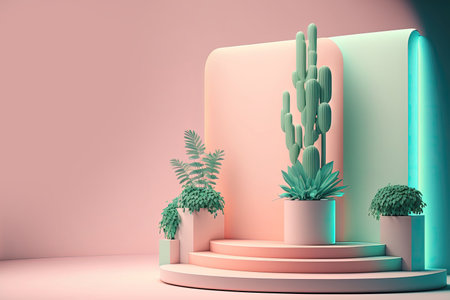Abstract background with cactus and podium and empty space for text. AI generative.の素材