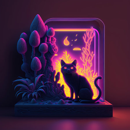 Futuristic 3D neon cat illustration. AI generatedの素材