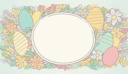 Happy easter greeting card in doodle flat style with egg and minimalistic flat color flowers. Empty Space for your greeting text. Generative AI.の素材