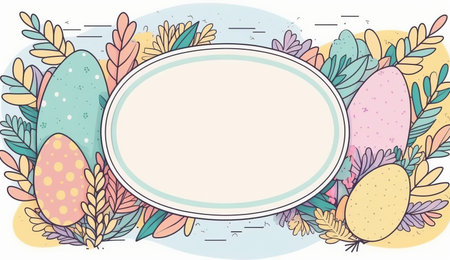 Happy easter greeting card in doodle flat style with egg and minimalistic flat color flowers. Empty Space for your greeting text. Generative AI.の素材