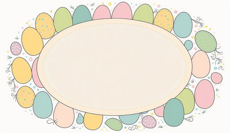 Happy easter greeting card in doodle flat style with egg and minimalistic flat color flowers. Empty Space for your greeting text. Generative AI.の素材