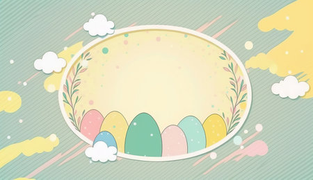 Happy easter greeting card in doodle flat style with egg and minimalistic flat color flowers. Empty Space for your greeting text. Generative AI.の素材