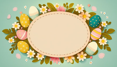 Happy easter greeting card in flat style with egg and minimalistic flat color flowers. Empty Space for your greeting text. Generative AI.の素材