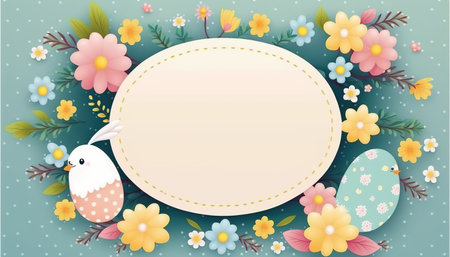 Happy easter greeting card in flat style with egg and minimalistic flat color flowers. Empty Space for your greeting text. Generative AI.の素材