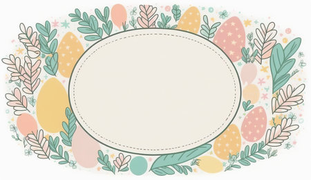 Happy easter greeting card in doodle flat style with egg and minimalistic flat color flowers. Empty Space for your greeting text. Generative AI.の素材