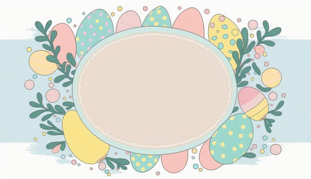 Happy easter greeting card in doodle flat style with egg and minimalistic flat color flowers. Empty Space for your greeting text. Generative AI.の素材