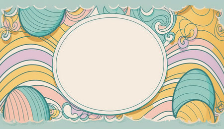 Happy easter greeting card in doodle flat style with egg and minimalistic flat color flowers. Empty Space for your greeting text. Generative AI.の素材