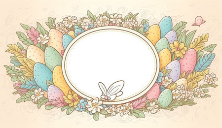 Happy easter greeting card in doodle flat style with egg and minimalistic flat color flowers. Empty Space for your greeting text. Generative AI.の素材