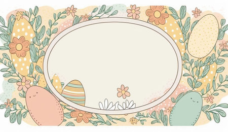Happy easter greeting card in doodle flat style with egg and minimalistic flat color flowers. Empty Space for your greeting text. Generative AI.の素材