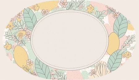 Happy easter greeting card in doodle flat style with egg and minimalistic flat color flowers. Empty Space for your greeting text. Generative AI.の素材
