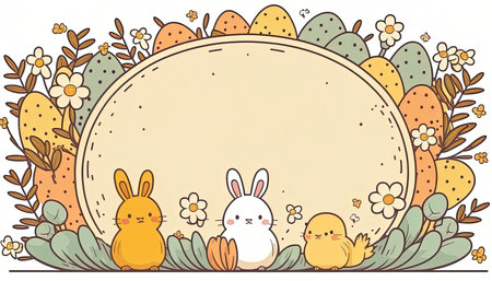 Happy easter greeting card in doodle flat style with egg and minimalistic flat color flowers. Empty Space for your greeting text. Generative AI.の素材