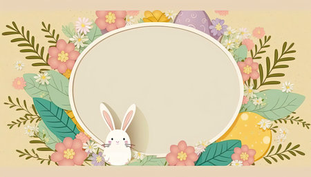 Happy easter greeting card in doodle flat style with egg and minimalistic flat color flowers. Empty Space for your greeting text. Generative AI.の素材