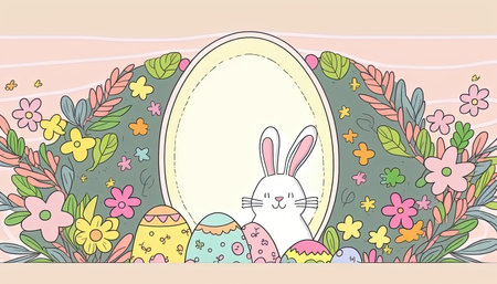 Happy easter greeting card in doodle flat style with egg and minimalistic flat color flowers. Empty Space for your greeting text. Generative AI.の素材