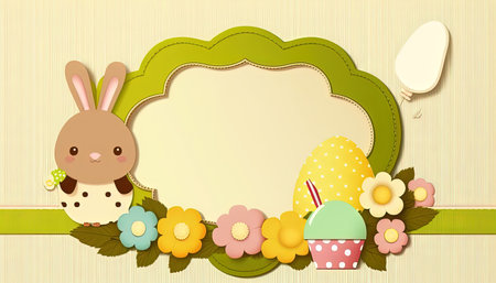 Happy easter greeting card in flat style with egg and minimalistic flat color flowers. Empty Space for your greeting text. Generative AI.の素材