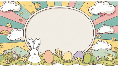 Happy easter greeting card in doodle flat style with egg and minimalistic flat color flowers. Empty Space for your greeting text. Generative AI.の素材