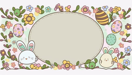 Happy easter greeting card in doodle flat style with egg and minimalistic flat color flowers. Empty Space for your greeting text. Generative AI.の素材