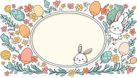 Happy easter greeting card in doodle flat style with egg and minimalistic flat color flowers. Empty Space for your greeting text. Generative AI.の素材