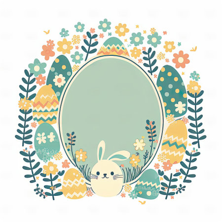 Happy easter greeting card in doodle flat style with egg and minimalistic flat color flowers. Empty Space for your greeting text. Generative AI.の素材
