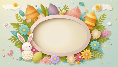 Happy easter greeting card in flat style with egg and minimalistic flat color flowers. Empty Space for your greeting text. Generative AI.の素材
