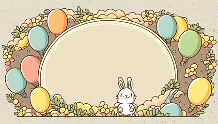 Happy easter greeting card in doodle flat style with egg and minimalistic flat color flowers. Empty Space for your greeting text. Generative AI.の素材