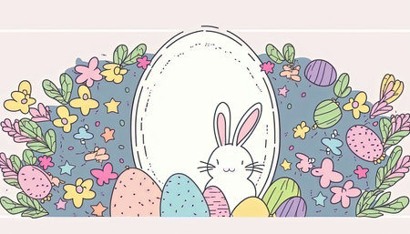 Happy easter greeting card in doodle flat style with egg and minimalistic flat color flowers. Empty Space for your greeting text. Generative AI.の素材