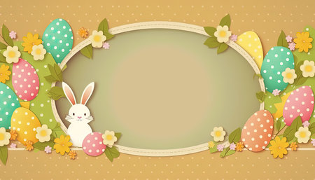 Happy easter greeting card in flat style with egg and minimalistic flat color flowers. Empty Space for your greeting text. Generative AI.の素材
