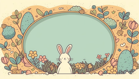 Happy easter greeting card in doodle flat style with egg and minimalistic flat color flowers. Empty Space for your greeting text. Generative AI.の素材