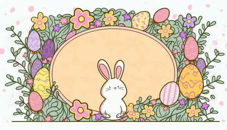 Happy easter greeting card in doodle flat style with egg and minimalistic flat color flowers. Empty Space for your greeting text. Generative AI.の素材