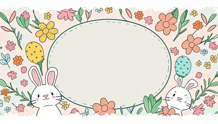 Happy easter greeting card in doodle flat style with egg and minimalistic flat color flowers. Empty Space for your greeting text. Generative AI.の素材