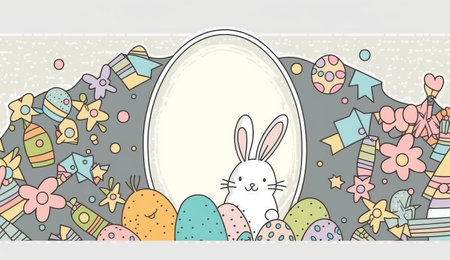 Happy easter greeting card in doodle flat style with egg and minimalistic flat color flowers. Empty Space for your greeting text. Generative AI.の素材