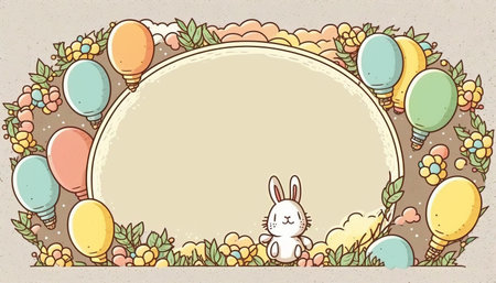 Happy easter greeting card in doodle flat style with egg and minimalistic flat color flowers. Empty Space for your greeting text. Generative AI.の素材