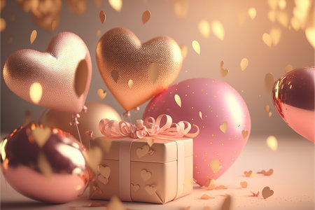 Festive romantic background with balloons hearts and confetti Valentine's Day or Merry Christmas and Happy New Year greetings. Generative AI.の素材