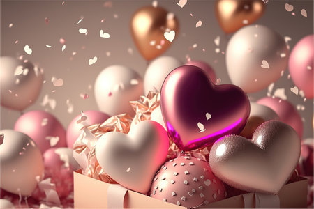 Festive romantic background with balloons hearts and confetti Valentine's Day or Merry Christmas and Happy New Year greetings. Generative AI.の素材