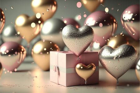 Festive romantic background with balloons hearts and confetti Valentine's Day or Merry Christmas and Happy New Year greetings. Generative AI.の素材