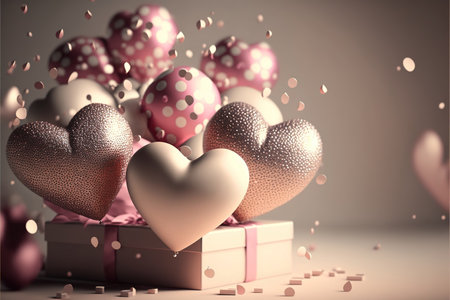 Festive romantic background with balloons hearts and confetti Valentine's Day or Merry Christmas and Happy New Year greetings. Generative AI.の素材