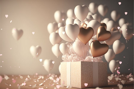 Festive romantic background with balloons hearts and confetti Valentine's Day or Merry Christmas and Happy New Year greetings. Generative AI.の素材