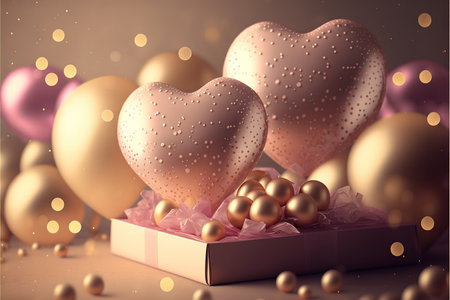 Festive romantic background with balloons hearts and confetti Valentine's Day or Merry Christmas and Happy New Year greetings. Generative AI.の素材