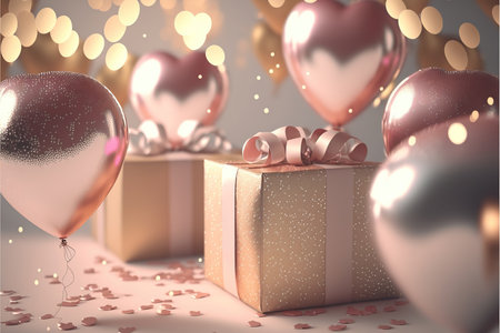 Festive romantic background with balloons hearts and confetti Valentine's Day or Merry Christmas and Happy New Year greetings. Generative AI.の素材