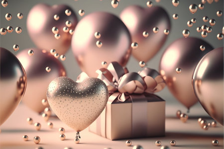 Festive romantic background with balloons hearts and confetti Valentine's Day or Merry Christmas and Happy New Year greetings. Generative AI.の素材