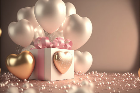 Festive romantic background with balloons hearts and confetti Valentine's Day or Merry Christmas and Happy New Year greetings. Generative AI.の素材