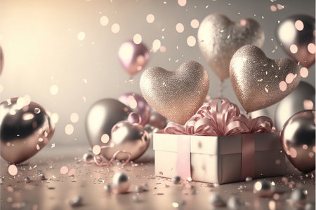 Festive romantic background with balloons hearts and confetti Valentine's Day or Merry Christmas and Happy New Year greetings. Generative AI.の素材