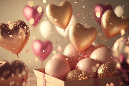 Festive romantic background with balloons hearts and confetti Valentine's Day or Merry Christmas and Happy New Year greetings. Generative AI.の素材