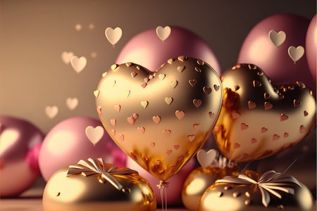 Festive romantic background with balloons hearts and confetti Valentine's Day or Merry Christmas and Happy New Year greetings. Generative AI.の素材