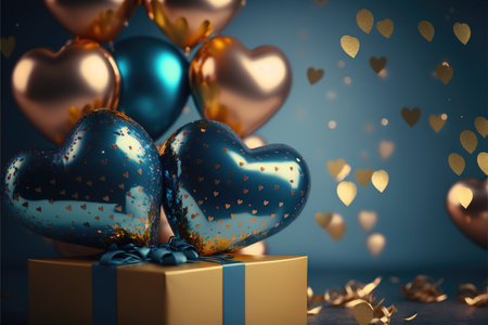 Festive background with blue gold balloons and gifts for New Year or Valentine's Day or any other holiday. Generative AI.の素材