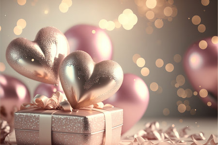 Festive romantic background with balloons hearts and confetti Valentine's Day or Merry Christmas and Happy New Year greetings. Generative AI.の素材
