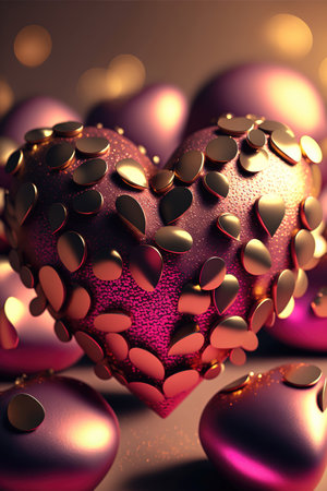 Bright festive background with inflatable hearts, sequins and bokeh Light Effect. Card background for Valentine's Day, Happy Birthday and so on. Generative AIの素材