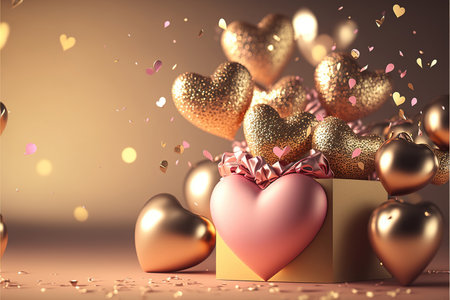 Festive romantic background with balloons hearts and confetti Valentine's Day or Merry Christmas and Happy New Year greetings. Generative AI.の素材
